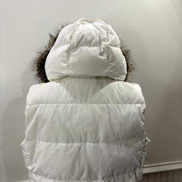 Lands End Size M Puffer Vest Down Feather Fill Removable Hood Faux Fur Trim - Picture 10 of 15